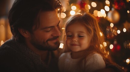 Cozy family decorating Christmas tree together with joyful daughter and happy parents enjoying festive activities at home