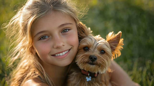 Caucasian blond girl holding pet dog playing on grass outside together