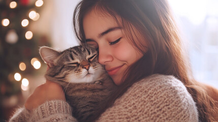 Hispanic girl holding pet cat kitten playing on living room together