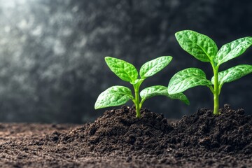 Fototapeta premium Two vibrant green seedlings sprout from rich dark soil against a blurred background.