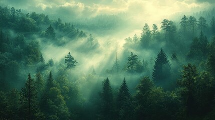 misty green forest landscape serene morning light