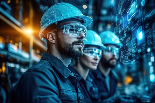 Futuristic Industrial Scene with Workers in Cyberpunk Setting and Holographic Data Projections