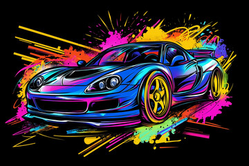 Urban style modern t-shirt  design with sport car. Sport extreme grunge  illustration for guys on black background. Graffiti words and street art