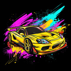 Urban style modern t-shirt  design with sport car. Sport extreme grunge  illustration for guys on black background. Graffiti words and street art