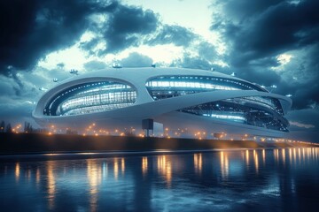 Obraz premium Futuristic Cyberpunk Stadium Exterior at Night with Neon Lights and Reflections