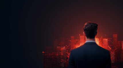 Fototapeta premium A suited man stands facing a futuristic cityscape illuminated in red, evoking themes of ambition, technology, and urban development.