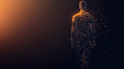 Fototapeta premium A digital silhouette of a person composed of glowing particles, fading into the darkness, symbolizing transformation or emergence.