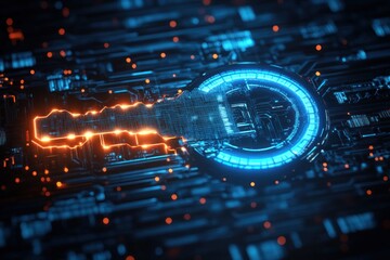 Digital Cyber Key with Glowing Blue Elements and Circuit Board Background Representing Security and Encryption Technology