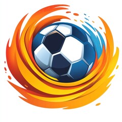 A stylized soccer ball surrounded by dynamic flames, symbolizing energy and sport.