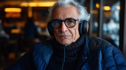 Senior Latino man sitting in a restaurant listening to music through headphones