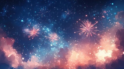 Fototapeta premium Fireworks Display in Starry Night Sky Watercolor Illustration Landscape