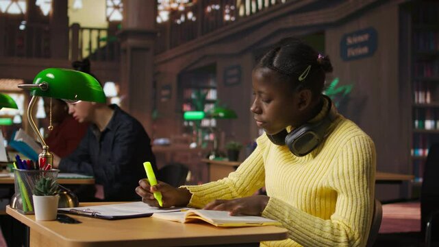 Teenage girl at the library highlighting relevant phrases for study session, marking paragraphs from class notes to learn for the exam. Using a fluorescent pen as a studying technique. Camera A.
