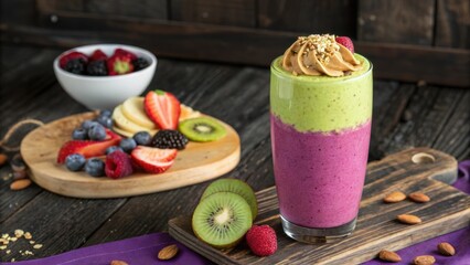 A glass of smoothie stands boldly against a rustic wooden background showcasing a vibrant palette of violet magenta and neon green. A playful assortment of colorful fruit