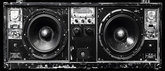 Fototapeta premium Black music speaker wall background with two large subwoofers