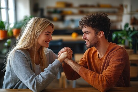 Friendship and Success Celebrating Young Man with Down Syndrome and Mentoring Friend Indoors at School