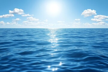 Obraz premium A Serene View of the Calm Ocean Under Bright Sunlight with Gentle Waves and Fluffy Clouds in a Clear Blue Sky Reflecting on the Water Surface