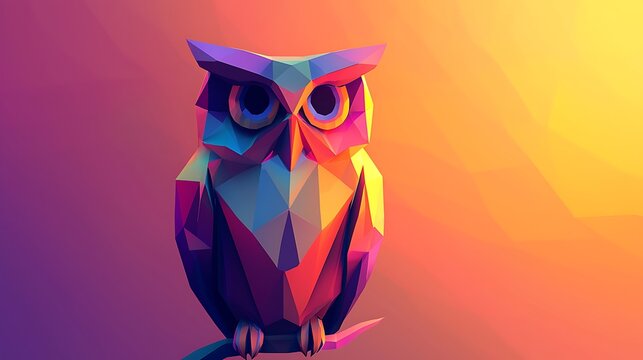 Low-poly owl perched on branch, vibrant sunset background.