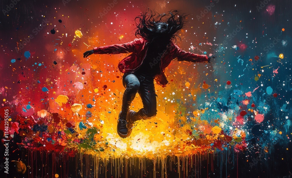 Poster dynamic silhouette jumping surrounded by colorful paint splashes on white background