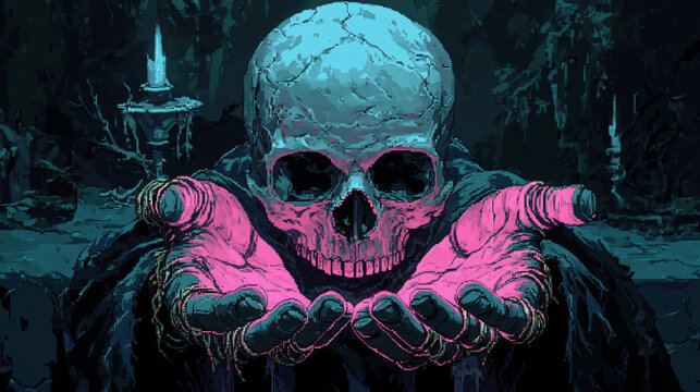 Pixel art necromancer hand holding skull bone ring dark fantasy eerie skeletal figure glowing magical ambiance gothic video game illustration mystical wallpaper cartoon comic witch character Halloween