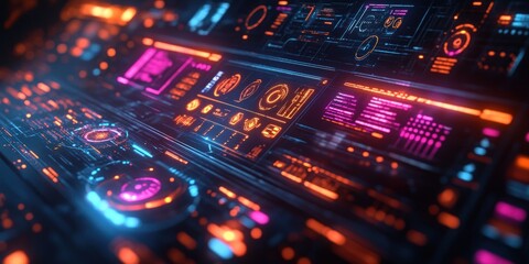 Obraz premium Futuristic Digital Dashboard for Analyzing Advertising Trends and Performance Metrics in a High-Tech Environment