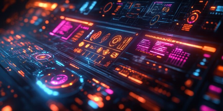 Futuristic Digital Dashboard for Analyzing Advertising Trends and Performance Metrics in a High-Tech Environment - Powered by Adobe