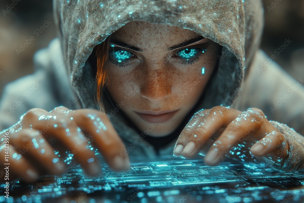 Poster Futuristic Hacker in Hoodie Interacting with Holographic Interfaces in Cyberpunk Style