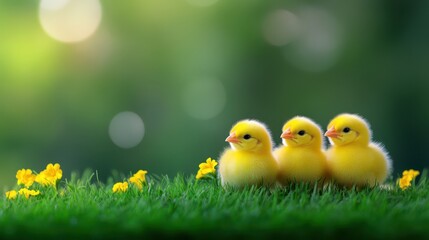Adorable Yellow Chicks in Green Grass with Yellow Flowers Spring Easter
