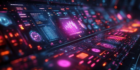 Futuristic Digital Dashboard with Neon Graphics and Performance Metrics for Online Advertising Insights