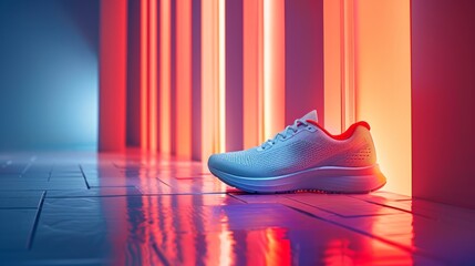 White shoe with red accent on illuminated platform.