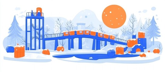 Winter landscape with train on bridge, snowy hills, and industrial tower.