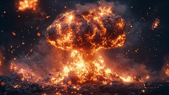 Powerful Nuclear Explosion with Fiery Mushroom Cloud