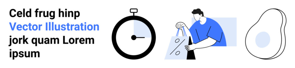 Obraz premium Individual holding shopping bags, stopwatch, abstract shape. Ideal for e-commerce, time management, online shopping, efficiency, consumer behavior retail trends productivity. Landing page