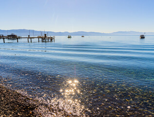 Piers and Boats at Patton Beach on Carnelian Bay, Lake Tahoe, California, USA