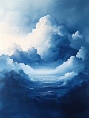 Serene Blue Watercolor Background with Clouds and Sunlight Abstract Art