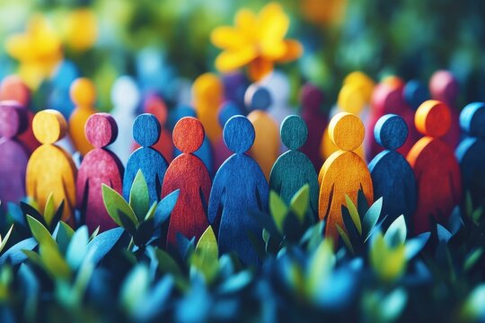 Colorful wooden figures in a vibrant garden setting surrounded by greenery and blooming flowers, representing community and togetherness concept