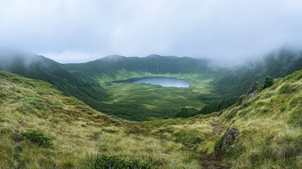 Fototapeta premium Volcanic Crater Lake Surrounded By Lush Green Hills