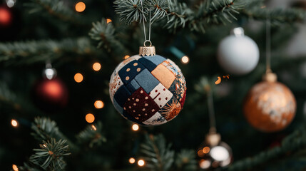 Patchwork Christmas Ornament:  A handcrafted patchwork Christmas ornament hangs on a festive Christmas tree, adding a touch of warmth and uniqueness to the holiday decor.