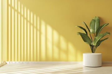 Sunlit yellow room interior with plant on white pedestal.