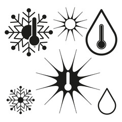 Temperature icons. Weather concept elements. Snowflake and sun. Droplet with thermometer.