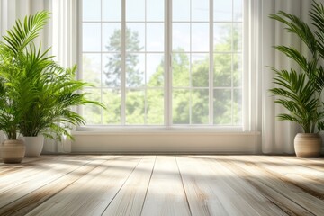Bright and Airy Room with Large Windows and Lush Green Plants Creating a Serene and Inviting Atmosphere for Modern Interior Design