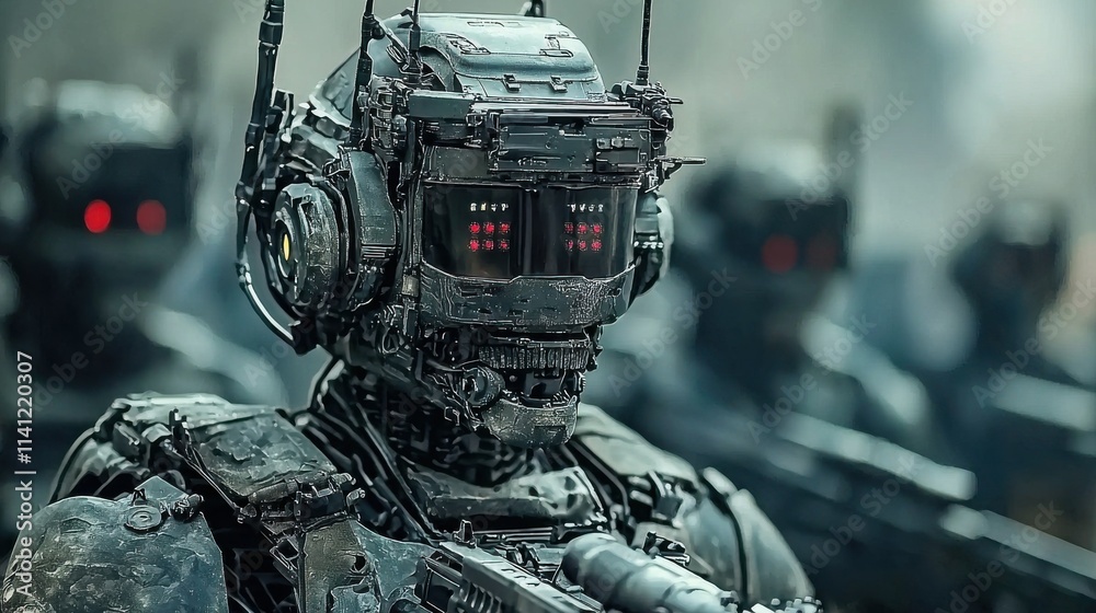 Poster robotic warfare revolution autonomous vehicles on the future battlefield high-tech combat zone multi