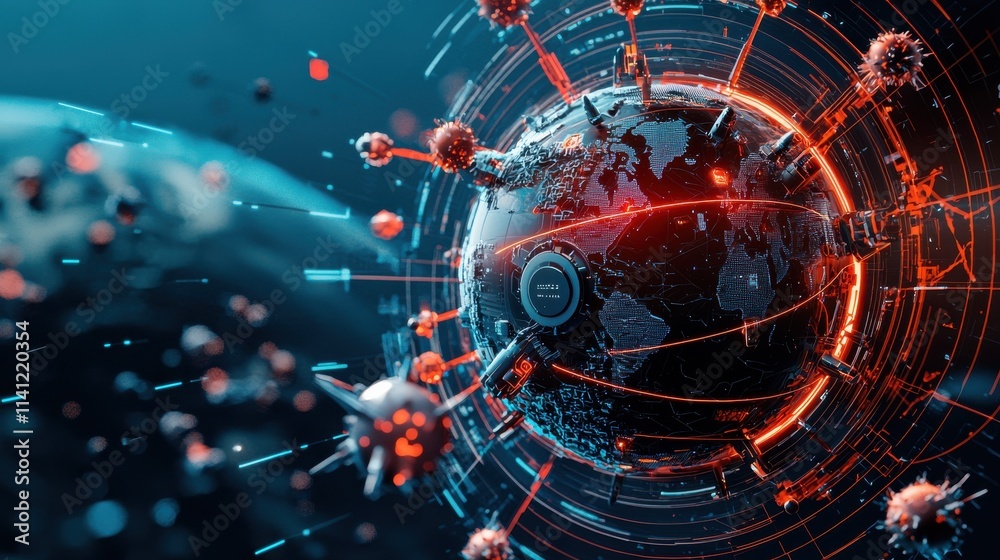 Poster Digital storm cyber attack simulation engulfing standard systems in a virtual environment from an aerial viewpoint