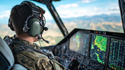 Strategic operations command center military base holographic displays high-tech environment aerial view futuristic technology