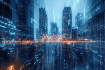 Futuristic Cityscape with Skyscrapers and Financial Data Graphs in Cyberpunk Style
