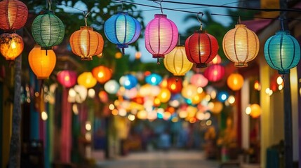 Colorful Lanterns Adorning a Charming Street at Dusk with Soft Lighting Creating a Magical Atmosphere of Celebration and Togetherness