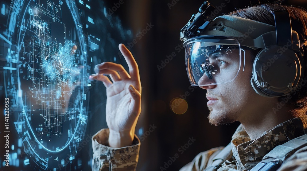 Poster soldier utilizing holographic interface in military operations futuristic battlefield digital displa