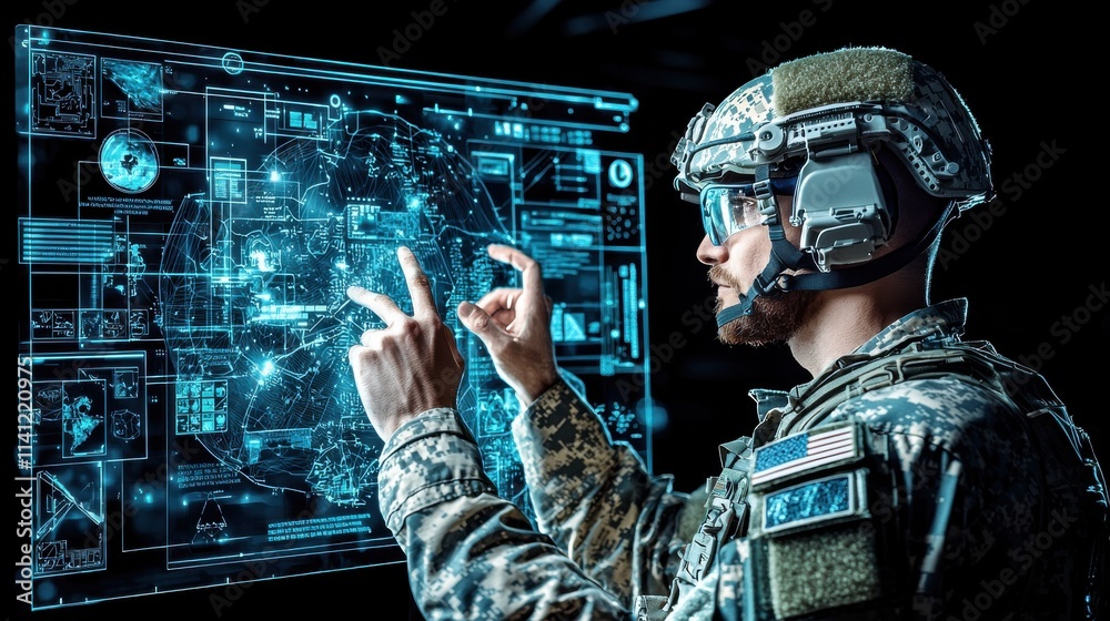Leinwandbilder soldier engaging with holographic display in tactical command center digital interaction military en