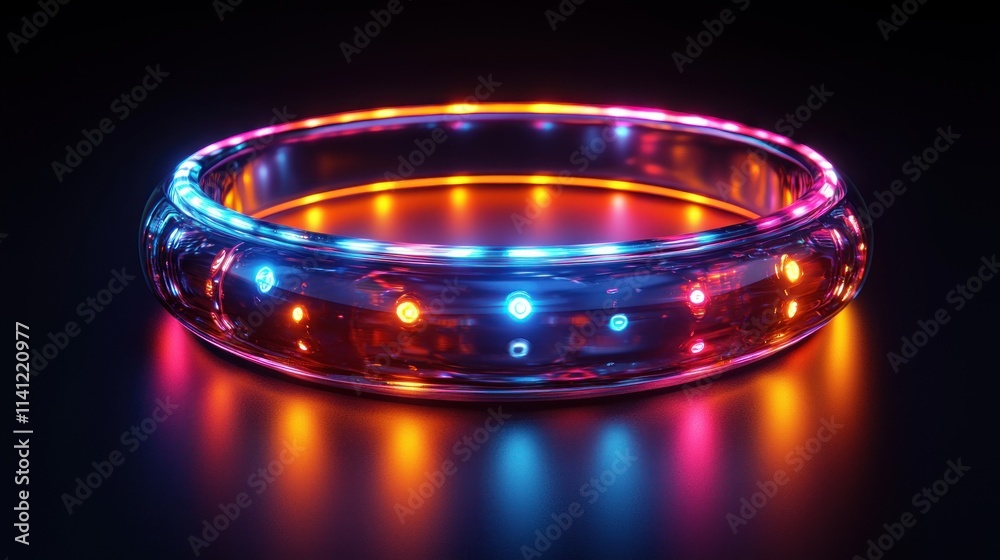 Poster futuristic metallic ring with neon lights abstract 3d render