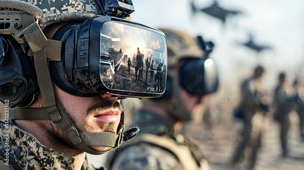 Poster Soldiers coordinating tactics using augmented reality visors in military operations in field environments for enhanced strategy coordination