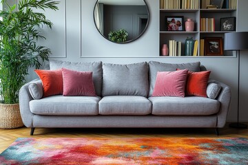 Gray fabric sofa with pink pillows, placed in front of a white wall, pastel-colored floor mat, bookshelf, mirror, and gray lamp, creating a cozy home decor.